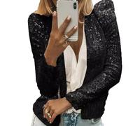 DECORN Casual Female Jacket Coat Full Sequins Open Front Jacket Womens Shiny Party Tops Cardigan L Black