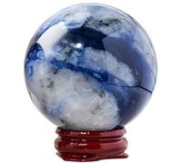 DECORN Natural Healing Crystal Ball Blue and White Gemstone Sphere on Wooden Display Stand for Reiki, Meditation, Wicca, FengShui Home Decorative,55~60mm