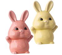 DECORNIJIA 2pcs Ceramic Rabbit Statues Vintage Chinese Style Bunny Figurines Table Decor for Desktop Garden Easter Decoration Yellow and Pink