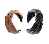 DECORNIJIA 2pcs Faux Leather Knotted Hairbands for Women Black and Brown Pu Head Hoops Stylish Hair Accessories for Makeup and Spa