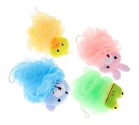DECORNIJIA 4PCS Cartoon Animal Mesh Bath Balls Hanging Rope Soft Bath Scrub Shower Sponge Set Featuring Yellow Duck Green Frog Pink Rabbit Blue Bear for Time Fun