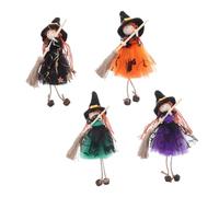 DECORNIJIA 4pcs Halloween Hanging Ornaments with Witch Broom Angel and Doll Figures Multi Color Halloween Party Favors for Haunted House and Themed Decoration