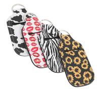 DECORNIJIA 4pcs Portable Hand Bottle Keychain Holders Travel Squeeze Bottle Sleeves with Cow Zebra Lip Print Sunflower Patterns for Hand Lotion Gel Containers