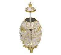 DECORNIJIA Automatic Press Toothpick Dispenser Egg Shaped Holder with Gold White Rose Embossed Design Refillable Portable Box for Kitchen Countertops Dining Tables and Parties