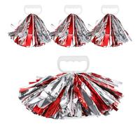 DECORNIJIA Cheerleading Pom Poms Handheld Metallic Foil Pompoms 4pcs Red and Silver Pe Material Performance Props for Sports Events Team Spirit Cheering Squad Supplies