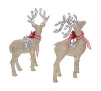 DECORNIJIA Christmas Standing Reindeer Figurines Pair, Light Gold Plastic Reindeer Statue Set, Small Glitter Elk Sculptures for Holiday Table Centerpieces and Mantle Decorations