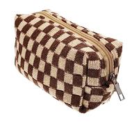 DECORNIJIA Large Makeup Bag Woolen Yarn Checkered Cosmetic Pouch with Smooth Zipper Coffee Colour Portable Storage for Jewelry and Electronics for Shopping and Leisure Walks