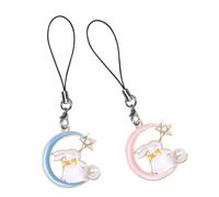 DECORNIJIA Moon Star Rabbit Phone Charm and Keychain Set for Women Girls, Alloy Metal Pendant Cute Phone Strap Charm, 2pcs Pink and Blue Cellphone Lanyard Wrist Strap Accessories