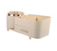 DECORNIJIA Rotating Makeup Brush Holder with Large Capacity Plastic Vanity Organizer with Multiple Compartments Stylish Cream White Makeup Storage for Bathroom and Bedroom Countertops