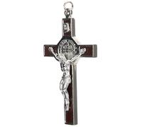DECORNIJIA St Benedict Crucifix Pendant Necklace with Wood Inlay, Men’s Jesus Cross Chain Necklace, Catholic Prayer Cross Jewelry for Religious Use