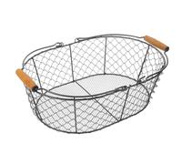 DECORNIJIA Vintage Grey Iron Wire Basket with Wooden Handle - Rustic Metal Storage Container for Kitchen, Fruit, Vegetables and Firewood - Indoor Household Organizer for Pantry and Fireplace