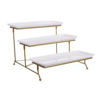 DECORNIJIA White Dessert Display Stand with Gold Metal Frame European Style and Fruit Serving Platter for Weddings Parties Hotel Buffets Sturdy Bakery Rack for Pastries and Snacks