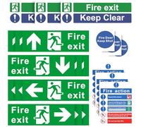Decorniqu 21 Pcs Fire Exit Sign (RIGHT, LEFT, UP, DOWN ARROW), Fire Exit Keep Clear Sign, Fire Action Notice, Door Keep Shut Signs, 3 Pieces of Each Self Adhesive PVC Stickers