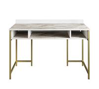DECOROTIKA Tumata 120 cm Wide Metal Frame Writing Notebook Computer Desk with Open Shelves (White Marble Effect)