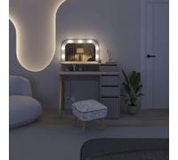 Decortie Avien Make-Up Dressing Table Set w/LED Lights Mirror 3-Drawer 1-Door Storage 105(W)cm Vanity Dresser Table - Mocha-Oak