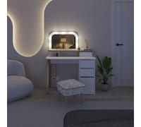 Decortie Avien Make-Up Dressing Table Set w/LED Lights Mirror 3-Drawer 1-Door Storage 105(W)cm Vanity Dresser Table - White-Oak