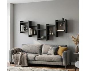 Decortie Bat Modern Floating Wall Shelf With 5 Compartments For Stylish Storage Black Wood 64Cm
