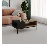 Decortie Cailin Modern 90Cm Rectangular Coffee Table Dual-Side Open Shelf Metal Legs Natural Oak, Black Wood Living Room