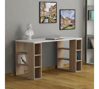 Decortie Colmar Modern Desk Computer Desk Office Desk With Integrated 6-Shelf Bookshelf Storage White Oak Width 140Cm