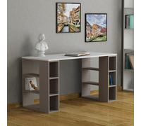 Decortie Colmar Modern Desk Computer Desk Office Desk With Integrated 6-Shelf Bookshelf Storage White Mocha Grey Width 140Cm