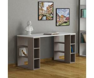 Decortie Colmar Modern Desk Computer Desk Office Desk With Integrated 6-Shelf Bookshelf Storage White Mocha Grey Width 140Cm