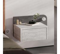 Decortie Floating Bedside Table with Drawer, LED Light in 3-Tones 33.5cm Wall-mount Bedroom Storage Unit - Ancient White-Retro Grey