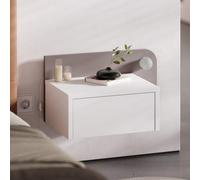Decortie Floating Bedside Table With Drawer, Led Light In 3-Tones 33.5Cm Wall-Mount Bedroom Storage Unit, White, Mocha Grey