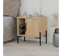 Decortie Glynn Modern Bedside Table Nightstand 48Cm Black Metal T Legs 1-Door Oak Bedroom