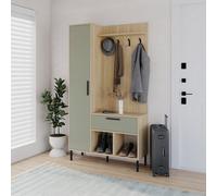 Decortie Hall Tree 108X195.3Cm 1-Drawer And 1-Door Storage Cabinet, 4 Metal Coat Hooks Sturdy Metal Legs, Hallway Oak, Ash Green