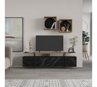 Decortie Hanley Modern Tv Unit Black Marble Effect Oak Effect With Wall Storage Unit 160Cm
