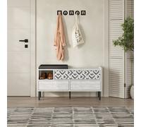 Decortie Heaton Shoe Bench Ancient White W/ Fabric Cushion Seat 3-Door Storage Cabinet 111(W)X37(D)X56.5(H)Cm Metal Legs Hallway