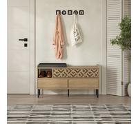 Decortie Heaton Shoe Bench Oak W/ Fabric Cushion Seat 3-Door Storage Cabinet 111(W)X37(D)X56.5(H)Cm Metal Legs Hallway