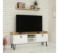 Decortie Keday Modern TV Unit Multimedia Centre Oak with Wall Shelf Unit 140cm - White