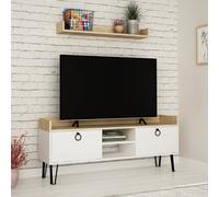 Decortie Keday Modern Tv Unit Multimedia Centre White Oak With Wall Shelf Unit 140Cm