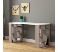 Decortie Labirent Modern Desk With Bookshelf Legs White Light Mocha 137Cm