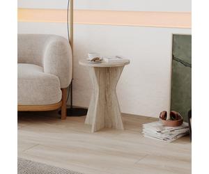 Decortie Lisa Round Side Table With Geometric Pedestal Base 40Cm Travertine Coffee Table