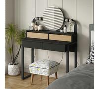 Decortie Lora Dressing Table 4-Led Lights Make-up Table Mirror 96x132cm 2-Drawer Soft-Close Storage Bedroom,Backstage - Black-Oak