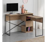 Decortie Modern Badau L-Shaped Computer Desk Natural Oak Black Metal Legs 3 Adjustable Storage Shelf Extra Table 110Cm(W) Office