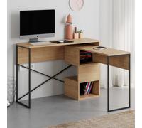 Decortie Modern Badau L-Shaped Computer Desk Oak Black Metal Legs 3 Adjustable Storage Shelf Extra Table 110Cm(W) Work Pc Office