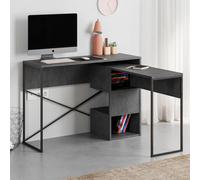 Decortie Modern Badau L-Shaped Computer Desk Retro Grey Black Metal Legs 3 Adjustable Storage Shelf Extra Pc Table 110Cm(W) Office