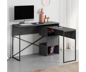 Decortie Modern Badau L-Shaped Computer Desk Retro Grey Black Metal Legs 3 Adjustable Storage Shelf Extra Pc Table 110Cm(W) Office
