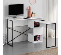 Decortie Modern Badau L-Shaped Computer Desk White Black Metal Legs 3 Adjustable Storage Shelf Extra Table 110Cm(W) Work Pc Office
