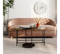 Decortie Modern Cuddle Coffee Tables Dark Oak Matte Black Marble Effect 2 Piece Nested Table Round W Wheels, Oval Table Metal Legs