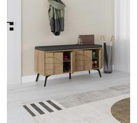 Decortie Modern Dune Shoe Storage Bench Dark Oak Effect With Fabric Seat 4 Doors Cabinet 107(W)Cm Metal Legs Organizer Hallway