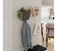 Decortie Modern Eleva Wall-Mounted Hanger Oak, Anthracite Engineered Wood With 4 Black Metal Hooks 74(D)X15.7(D)X26(H)Cm