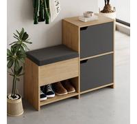 Decortie Modern Haven Shoe Bench Oak, Anthracite 101.5(W) Organiser Hallway 2 Cupboard Storage Cabinet 1 Open Shelf Fabric Seat