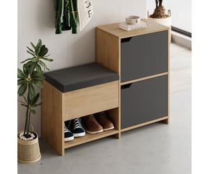 Decortie Modern Haven Shoe Bench Oak, Anthracite 101.5(W) Organiser Hallway 2 Cupboard Storage Cabinet 1 Open Shelf Fabric Seat