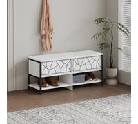 Decortie Modern Inola Shoe Bench White Engineered Wood Geometric Laser-Cut Shape On 2-Door Cupboard 105(W)Cm Metal Legs Hallway