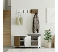 Decortie Shoe Bench Storage With Wall-mounted Coat Rack Metal Hooks 37X104.9X52Cm Particleboard White, Dark Oak Effect, Multi