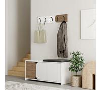 Decortie Modern Moni Shoe Cabinet White-Dark Oak Effect 3-Door Storage Cabinet With 5-Hook Organiser Set Fabric Seat